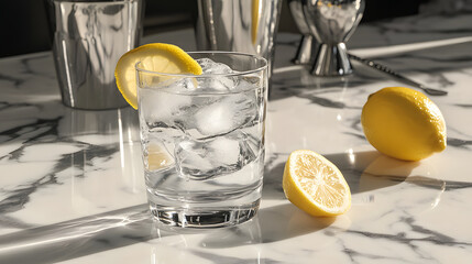 A gin and tonic made with tonic water, served in a crystal glass with ice, lime wedges, and a rosemary sprig, placed on a marble countertop with cocktail accessories in the background.