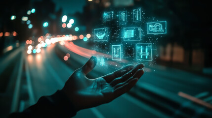 Hands showcasing digital technology concepts against a blurred urban background at night