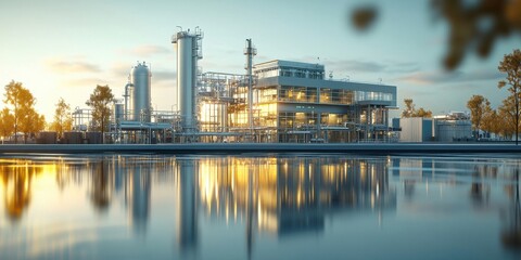 Naklejka premium High-tech facility optimizing energy-efficient processes, with water conservation techniques and carbon footprint minimization solutions