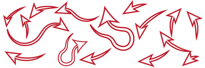 Arrows hand drawn doodle icons set. Curved cartoon arrows sketches collection. Flat and thin pointers illustrations. Scribble swirl arrow signs.