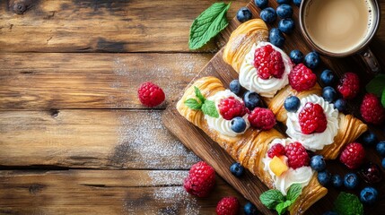 Sweet Raspberry and Blueberry Cream Pastries on Rustic Wood