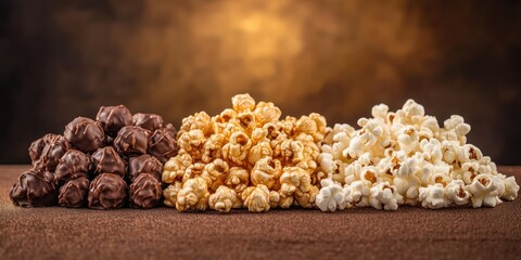 Luxurious gourmet popcorn assortment with golden foil background for culinary design