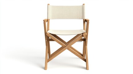 Fototapeta premium Simple folding chair mockup, wooden frame with fabric seat, isolated on white background