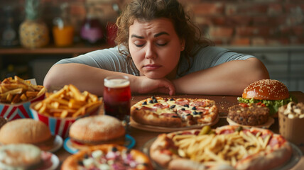 This disappointed person faces a table of tempting fast food, thinking about their excess weight.