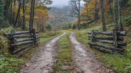 Serene Dirt Path Between Wooden Fences in Autumn Forest Landscape