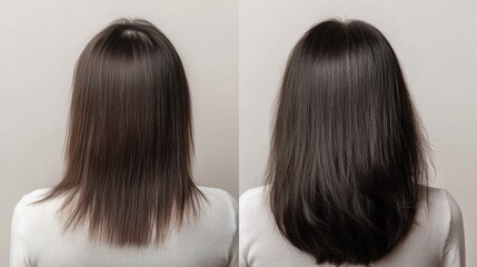 Before and after hair transformation showcasing thin hair versus thick hair in a beauty salon setting. Generative AI