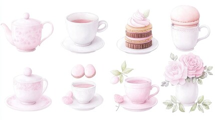 Cozy Tea Moments, charming watercolor illustrations featuring tea cups, teapots, and tea leaves, beautifully rendered on a white background for versatile use in designs.
