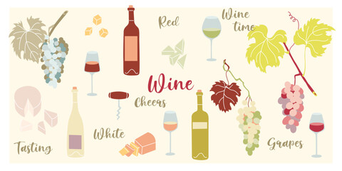 Collection of gourmet food items such as cheese, wine, grapes. Vector illustration in flat style design, icon set.