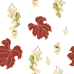 Seamless pattern with grapevine leaves and clusters of grapes on white. Grapevine leaves and red grape bunches in a seamless pattern. Flat style design on a white background.