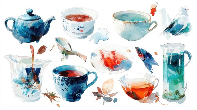 Cozy Tea Time, charming watercolor illustrations featuring delicate tea cups, elegant teapots, and fresh tea leaves, perfect for enhancing invitations or stationery designs.