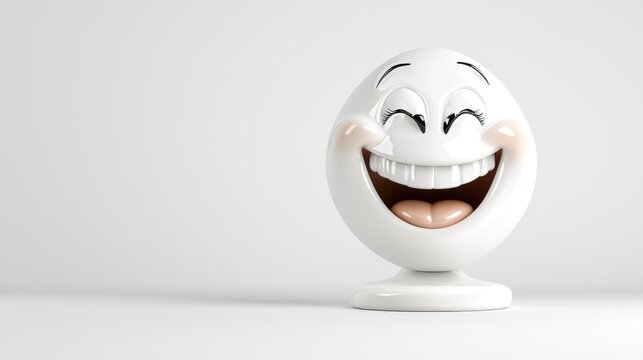 Happy egg smiles on stand, white background, Easter