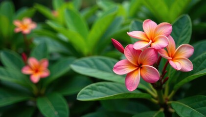 Softly focused plumeria blooms amidst lush green foliage and texture, plumeria, garden