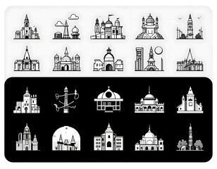 Monochromatic Landmark Icons: A Stylish Collection of Architectural Line Art