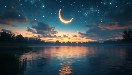 Crescent Moon and Stars Over Tranquil Lake at Sunset