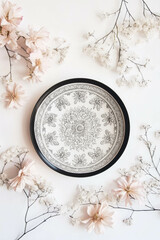 Minimalist collage featuring intricate ceramic mold surrounded by delicate flowers