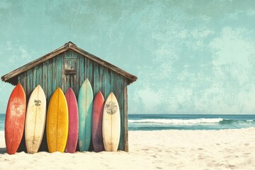Colorful Surfboards Leaned Against Beach Shack