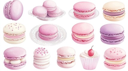 Elegant Macaron Collection, charming pastel watercolor illustrations of assorted macarons on delicate plates, isolated on a white background, ideal for culinary designs and invitations