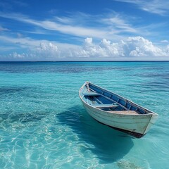 Fototapeta premium Sunlight reflects on calm waters as a small boat floats in a tropical paradise near a sandy shoreline