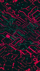 Futuristic circuit board with neon red and green lines