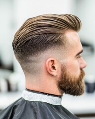 Fototapeta premium Stylish men's haircut showcase barbershop portrait indoor side view grooming trends