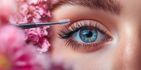 Beautician applying eyelash extension on young woman with pink flowers decoration