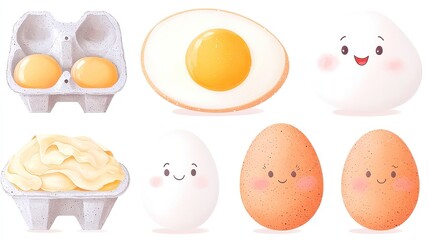 Farm Fresh Eggs Clipart, vibrant watercolor illustrations of egg cartons, cracked eggs, fluffy omelets, ideal for culinary designs and farm-themed projects, isolated on white