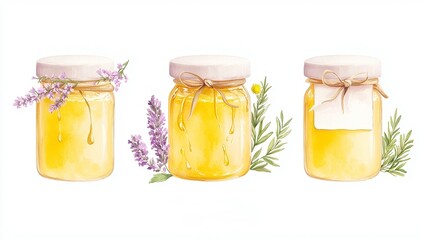 Floral Honey Elegance, charming watercolor illustrations featuring honey jars, dripping honey, and vibrant wildflowers, ideal for organic product branding, die-cut clipart