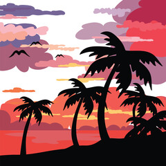 Spring mountain landscape with lake and colorful flowers. Vector cartoon illustration of majestic rocky peaks, green hills and valley, blue pond under sunny sky with clouds.