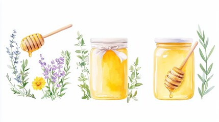 Floral Honey Elegance, charming watercolor illustrations featuring honey jars, dripping honey, and vibrant wildflowers, ideal for organic product branding, die-cut clipart