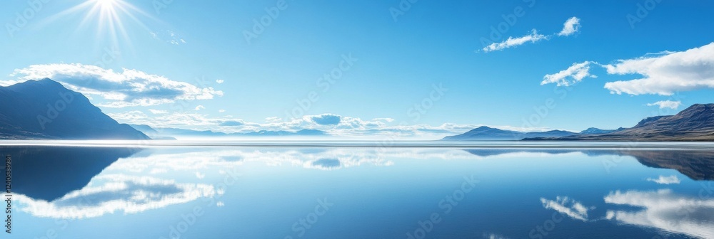 Poster stunning reflection of mountains and clouds in a serene lake under clear blue skies during midday. g
