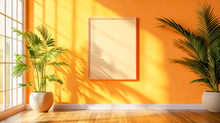 Mockup of palm tree shadows casting on a soft pastel orange background wall, creating a tropical and serene ambiance