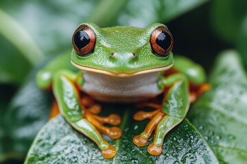 Fototapeta premium Vibrant Green Frog with Orange Eyes Resting on Leaf in Lush Tropical Environment.