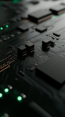 Close up of circuit board with glowing green lights