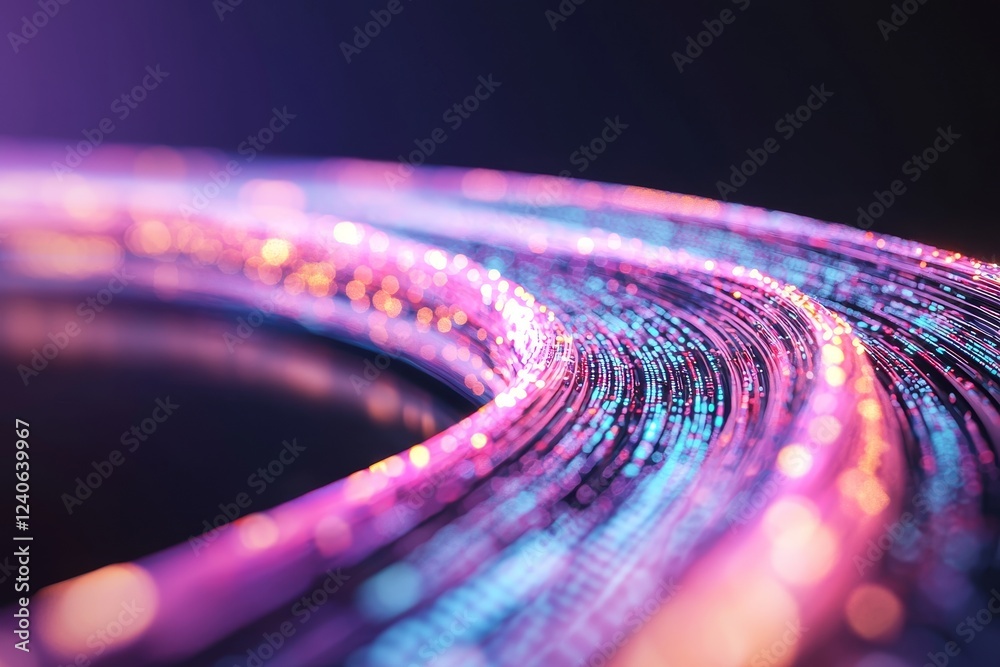 Fototapete 3D illustration of a neural network. Big data and cybersecurity themes. Data stream visualization. Global database linked with stocks. Use of bright, colorful background with bokeh effect