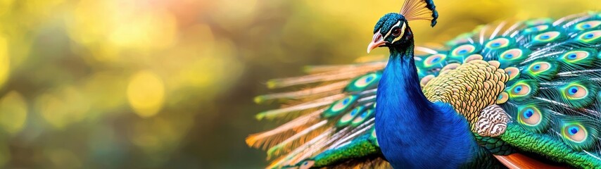 Obraz premium Vibrant peacock displaying feathers nature reserve wildlife photography outdoor close-up beauty