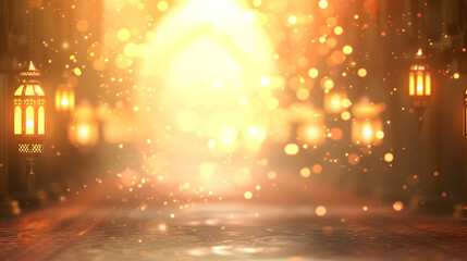 Ethereal corridor illuminated by glowing lanterns, with shimmering particles dancing in the air