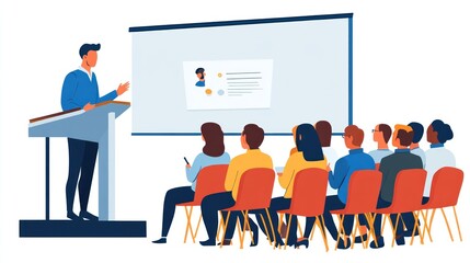 Businessman Presentation Modern Audience Colorful Chairs White Screen