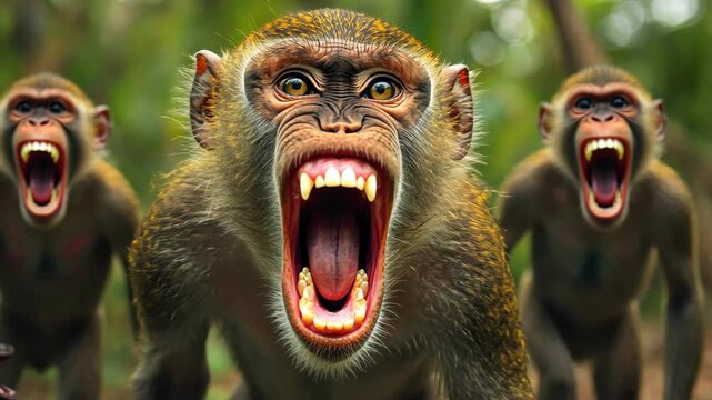 Aggressive primates displaying threatening posture, baring sharp teeth, screaming loudly while establishing dominance within tropical rainforest habitat