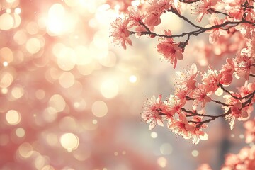 Soft pastel background with spring blossoms, cherry blossom branch in focus, pink petals against a white sky, bokeh effect, and sunlight filtering through leaves.