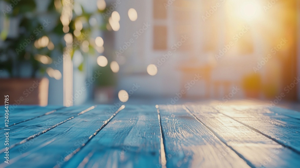 Poster warm sunlight filters softly through the trees, illuminating a blue wooden table with a rustic textu