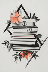Minimalist collage showcasing geometrical shapes with floral elements and a binder clip