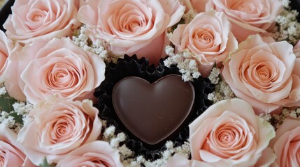 Obraz premium Sweet Indulgence: A Romantic Gift of Soft Pink Roses and a Delectable Chocolate Heart, Beautifully Presented in a Heart-Shaped Box, Sure to Delight Your Sweetheart on Valentine's Day or Any Special Da