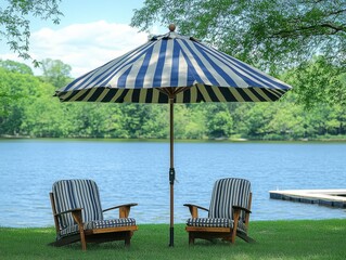 Striped umbrella with navy and gray stripes, wooden base, two chairs next to it on grass near water, with a lake and dock in the distance.