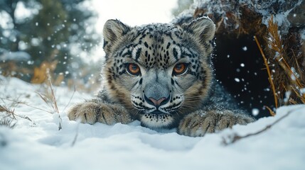 Obraz premium Snow Leopard Cub in Winter Snow
