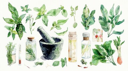 Herbal Wellness Collection, vibrant watercolor illustrations of medicinal herbs, tinctures, mortar and pestle, ideal for wellness branding and holistic health projects, clipart format