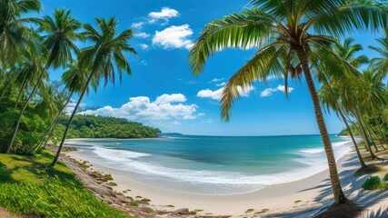 A picturesque tropical beach with palm trees and clear blue water