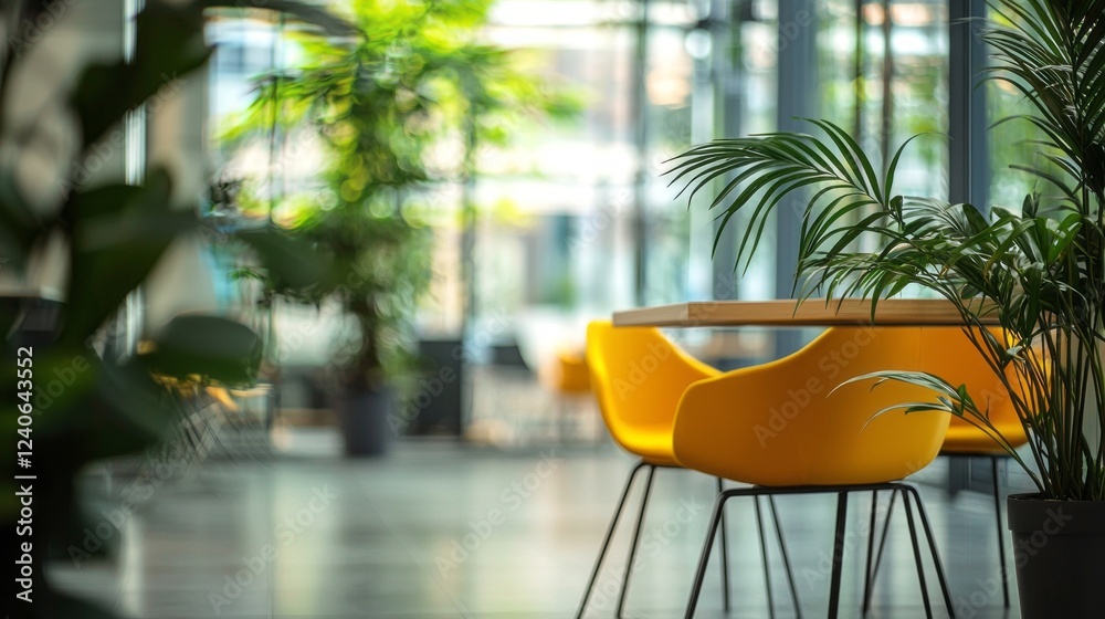 Poster a vibrant indoor area showcases sleek yellow chairs surrounded by leafy plants. sunlight streams thr