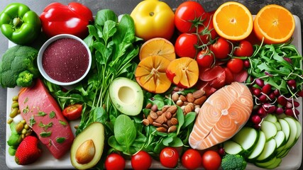 Vibrant arrangement of fresh fruits, vegetables, and salmon on a board