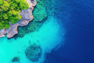 Stunning aerial view of vibrant turquoise waters and rocky coastline in a tropical paradise
