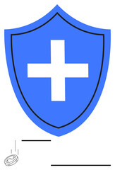 Obraz premium Blue shield with white cross, emphasis on safety and protection. Ideal for healthcare, security, insurance, medical aid, wellness, safeguarding, and abstract line flat metaphor